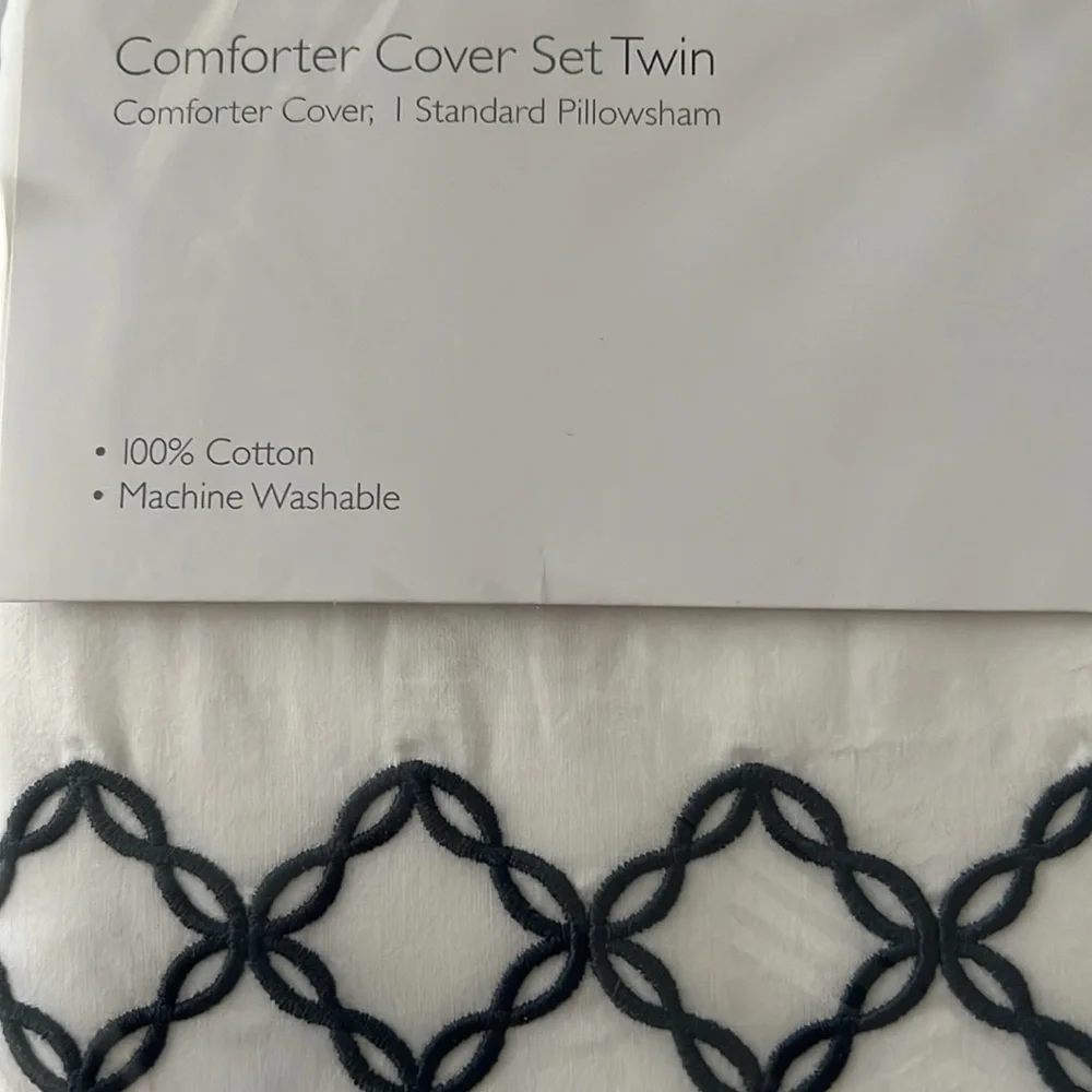 Sky NAVY Embroidered Percale Duvet Cover and Shams Set, Twin NEW w/Tag $230